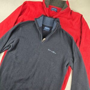 Ethnic Blue Men's Lambs Wool Blend 1/4 Zip Sweater Navy and Red‎ Size Large
